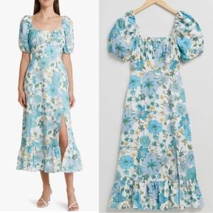 &Other Stories Linen Pastel Blue Floral Cottage Core Midi Dress 8 Puff Sleeves